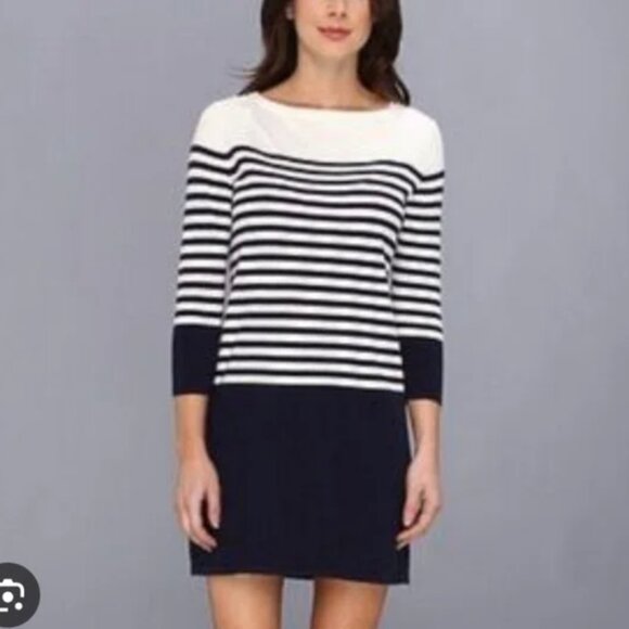BCBGMaxAzria Ethel Striped Color Blocked Sweater White and Navy Dress, Size L - Picture 2 of 5